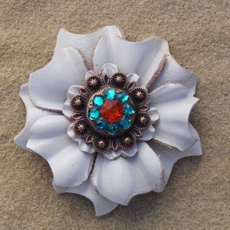 White Carnation Flower With Copper Fire Opal & Teal 1" Concho