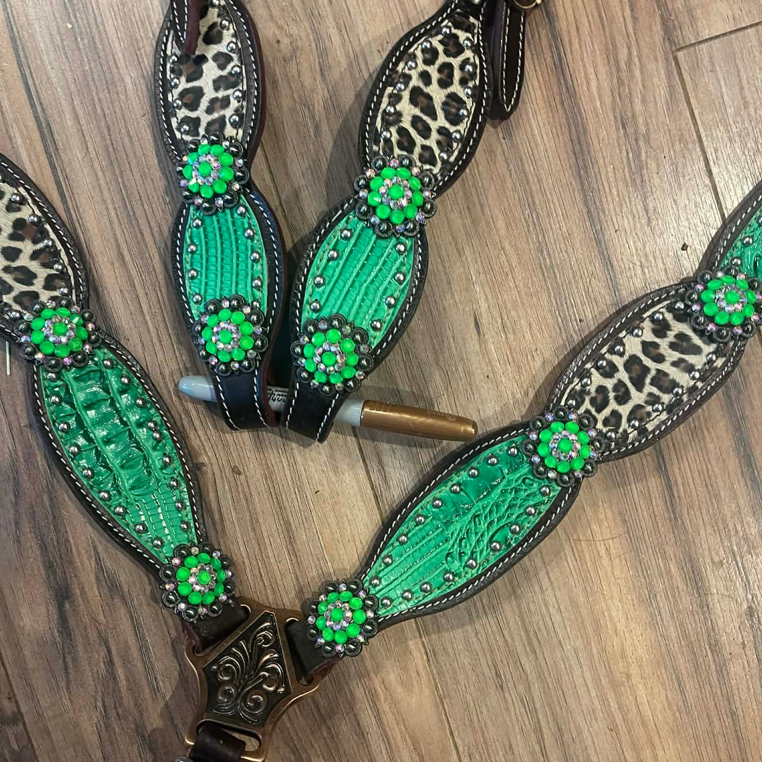 Made to Order Western Tack Set - Leopard Print with Green Alligator Accent (BHT062)