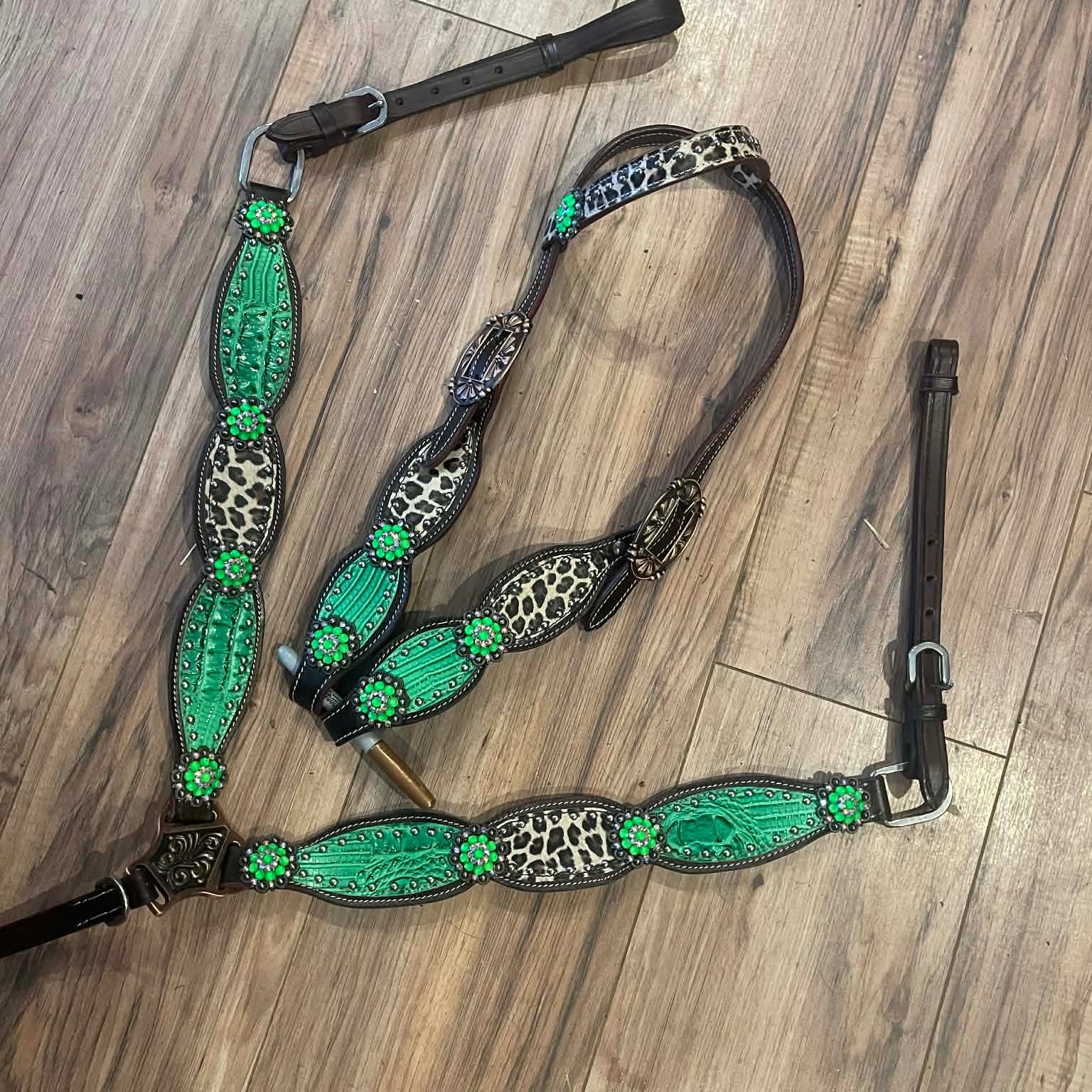 Made to Order Western Tack Set - Leopard Print with Green Alligator Accent (BHT062)