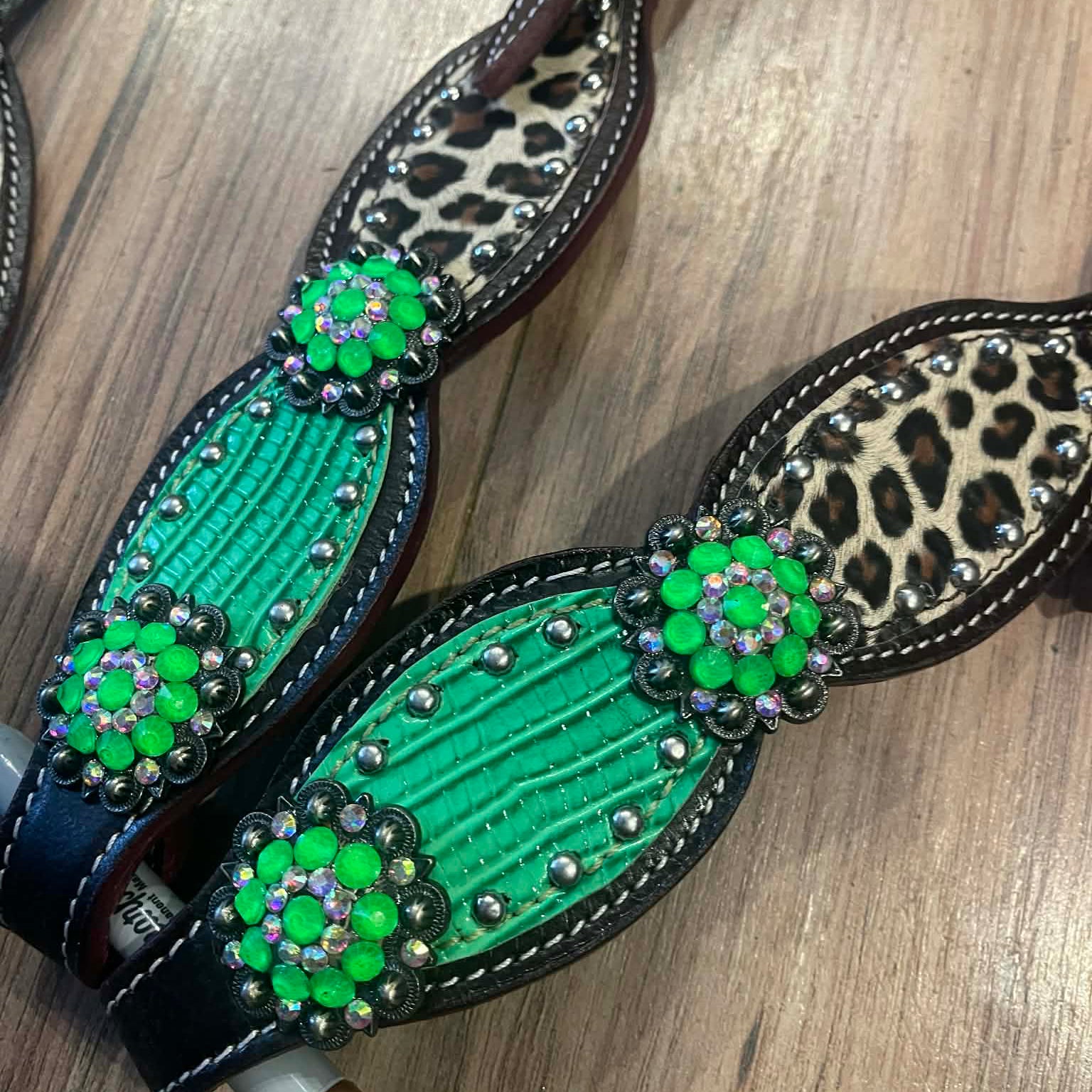 Made to Order Western Tack Set - Leopard Print with Green Alligator Accent (BHT062)