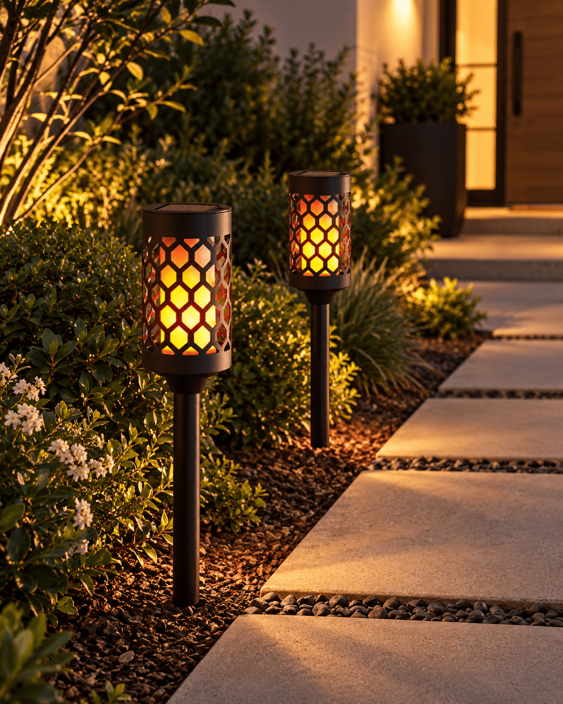 High End Solar Pathway Torch Lights 2-Pack – 20 Lumen, Flickering Flame, Die-Cast Aluminum & Glass