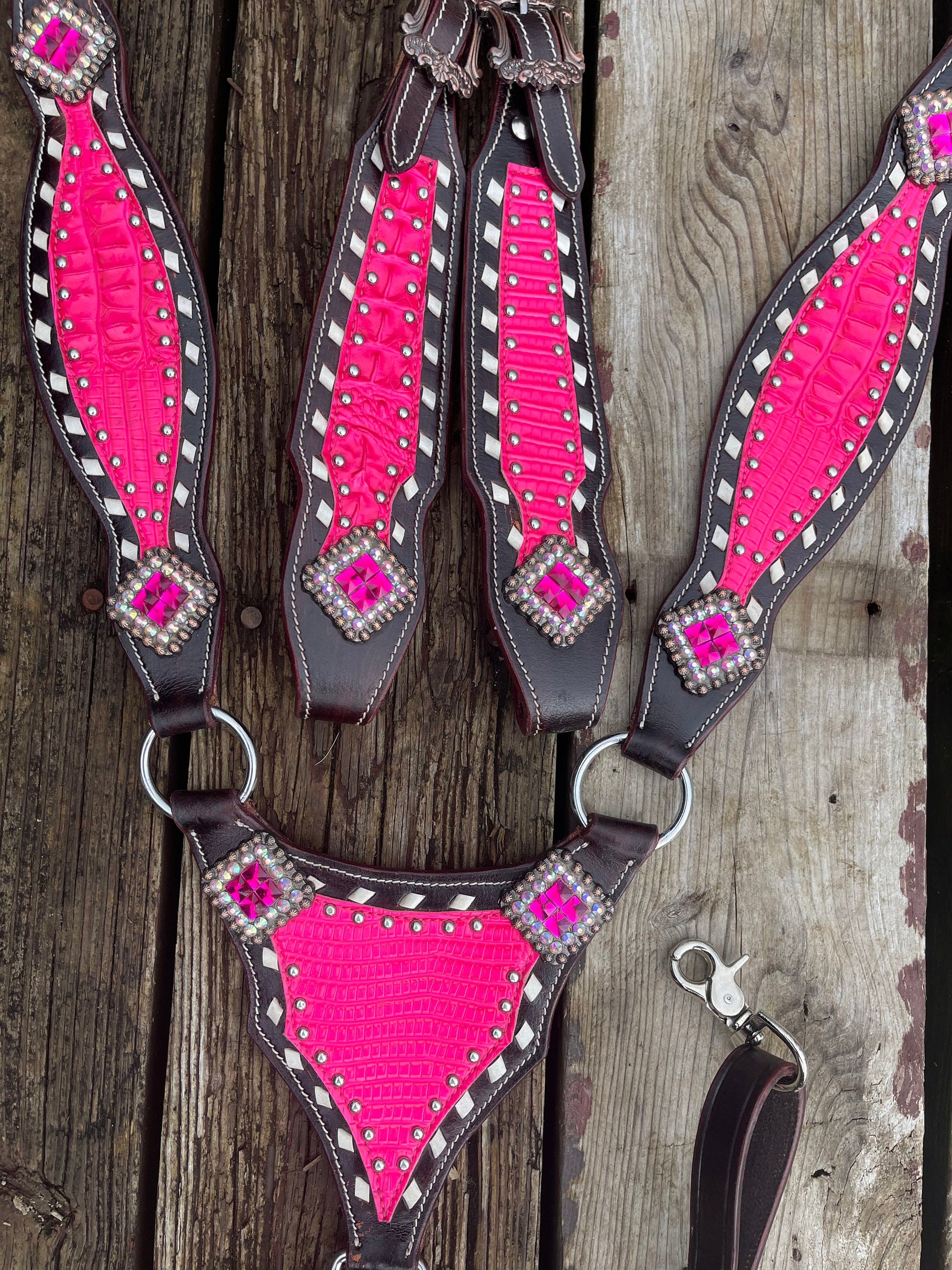 Dark Brown Leather Western Horse Tack Set | Pink Alligator Accent, Barrel Racing Headstall Breastplate (BHT044)
