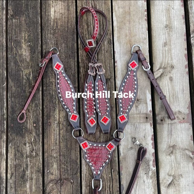 Western Horse Tack Set Dark Red accents Headstall Breastcollar- Made to Order (BHT047)