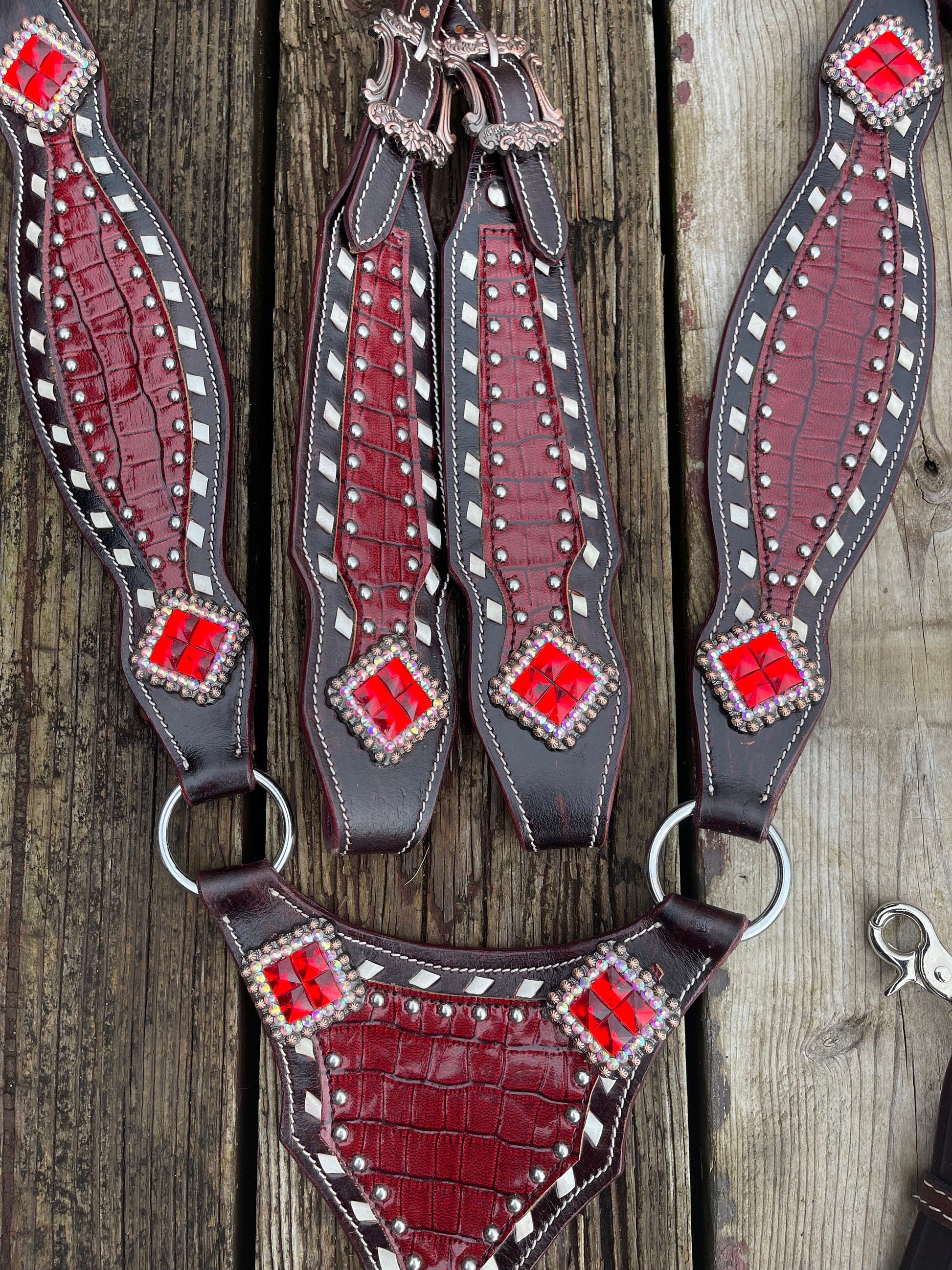 Western Horse Tack Set Dark Red accents Headstall Breastcollar- Made to Order (BHT047)