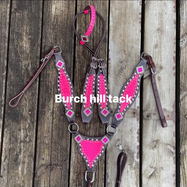 Dark Brown Leather Western Horse Tack Set | Pink Alligator Accent, Barrel Racing Headstall Breastplate (BHT044)