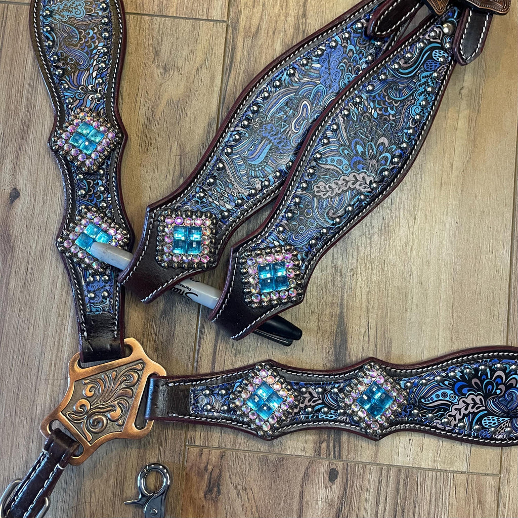 Ready to ship Retired Navy blue western tack set Headstall breast collar