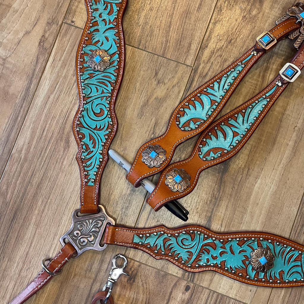 Made to Order Brown leather turquoise Western Tack Set- barrel racing tack sets
