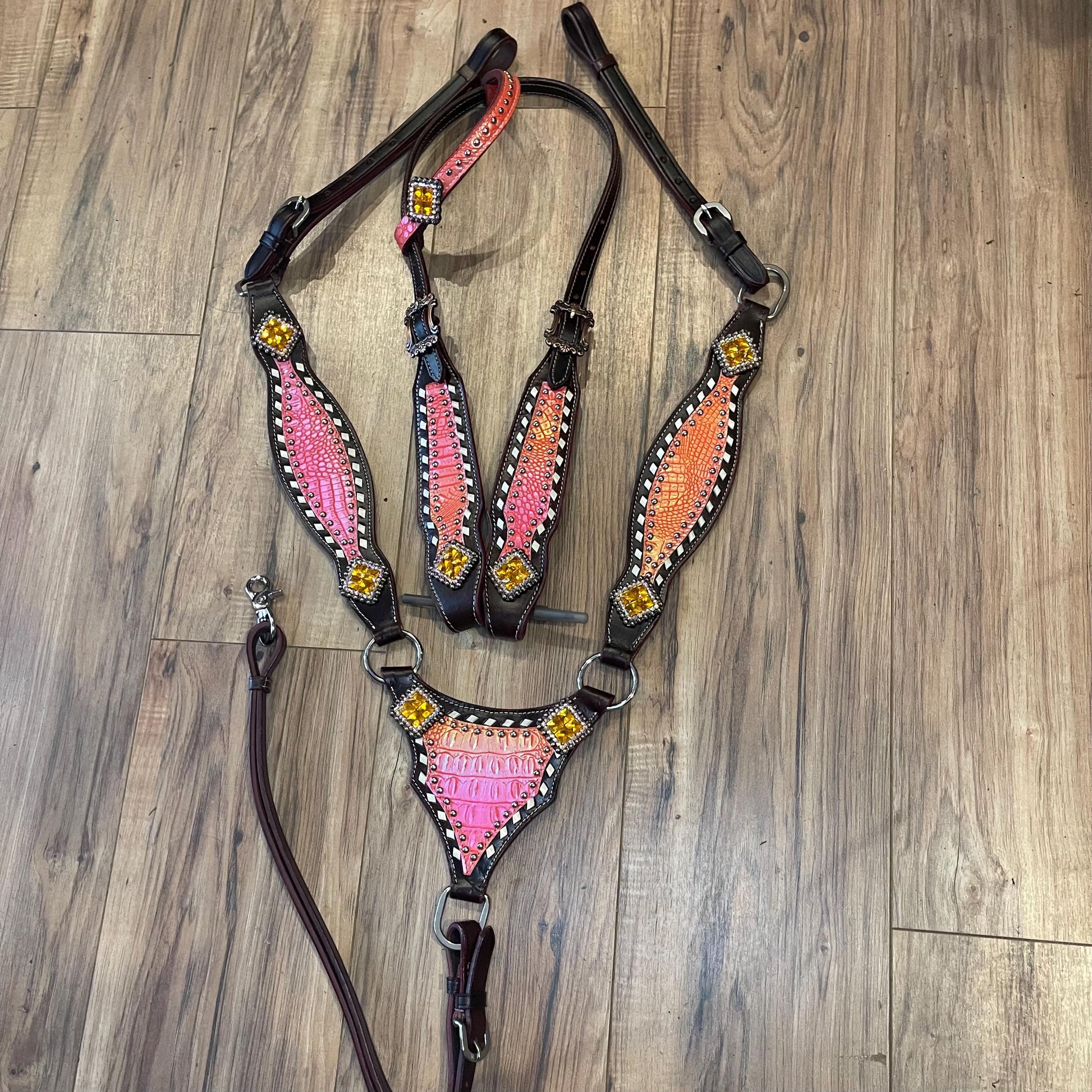 Western Horse Tack Set  Pink Orange Alligator Leather Breastplate Headstall (BHT001)