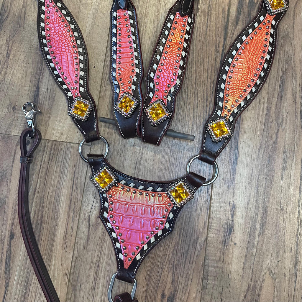 Western Horse Tack Set  Pink Orange Alligator Leather Breastplate Headstall (BHT001)