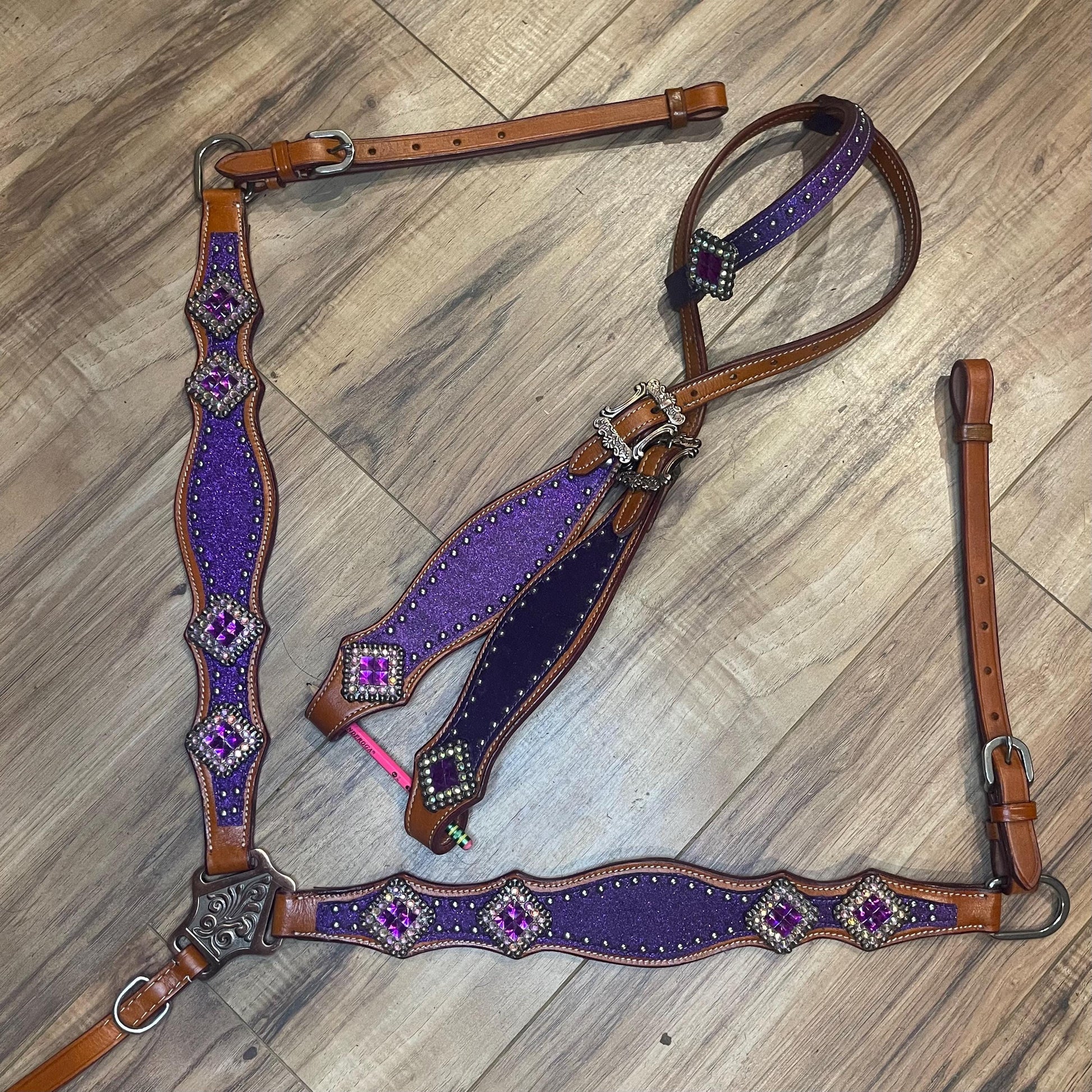 Made to Order Purple Glitter brown western tack set- Barrel racing tack set