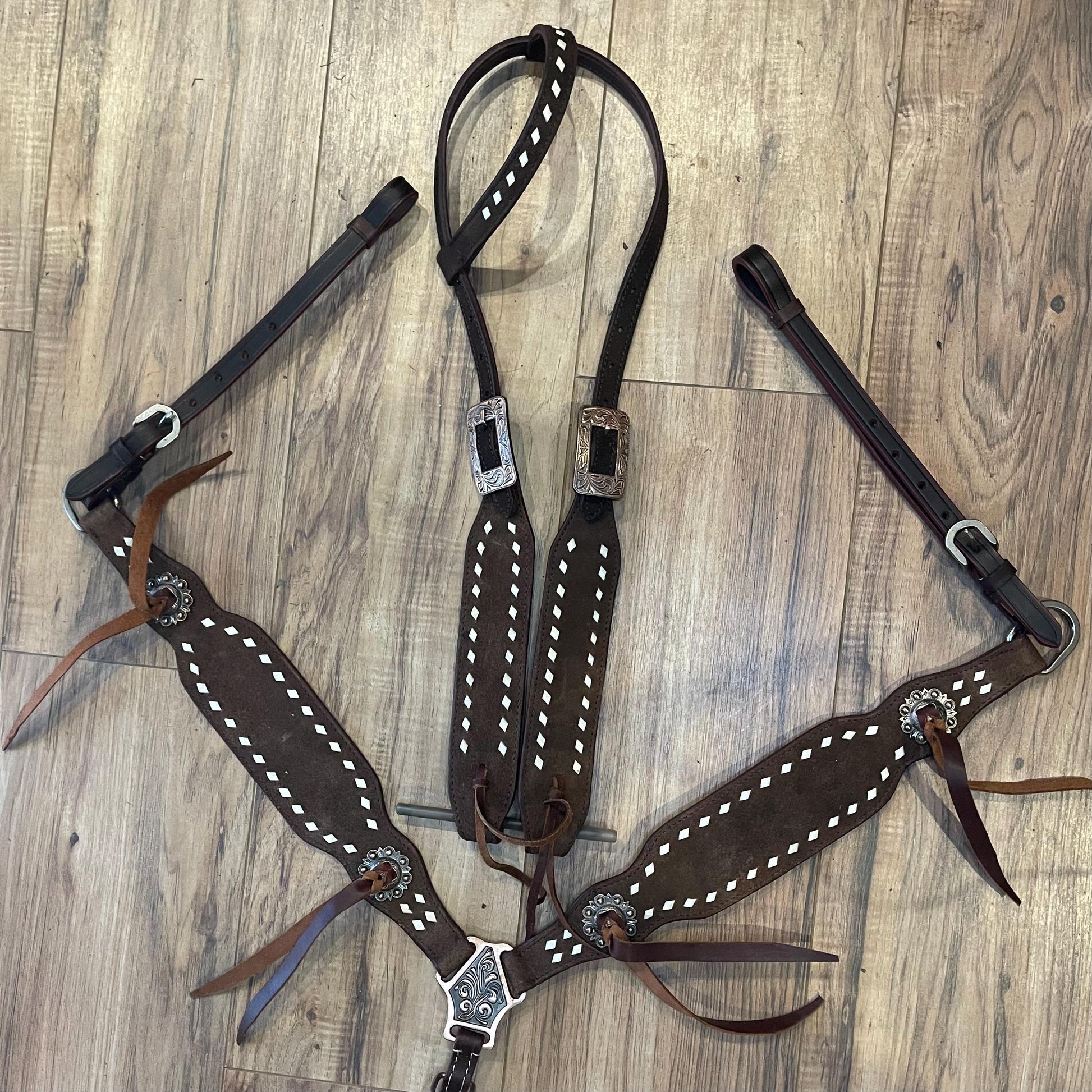 Dark Brown Rough Out Leather Tack Set with buck stitch (BHT038)