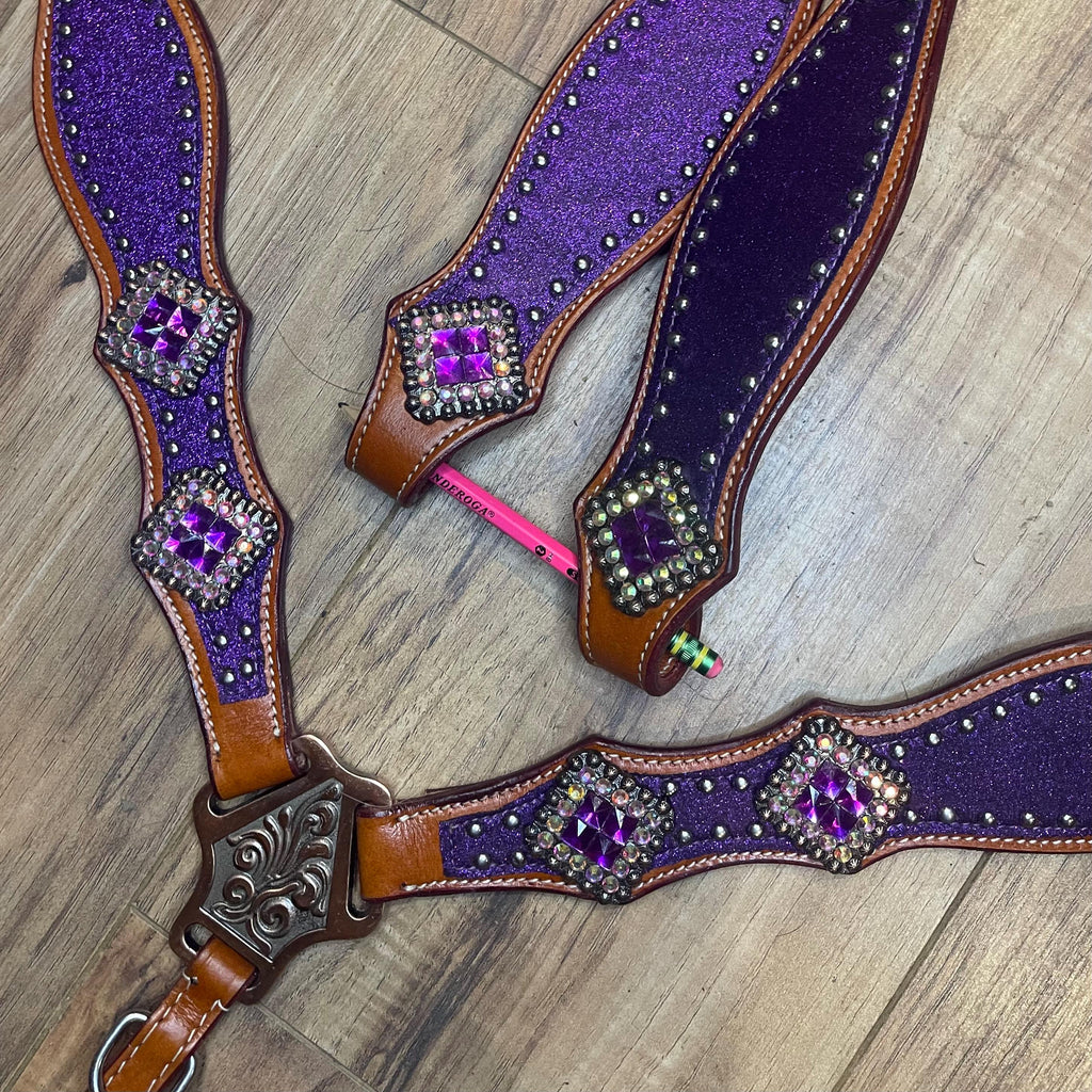 Made to Order Purple Glitter brown western tack set- Barrel racing tack set