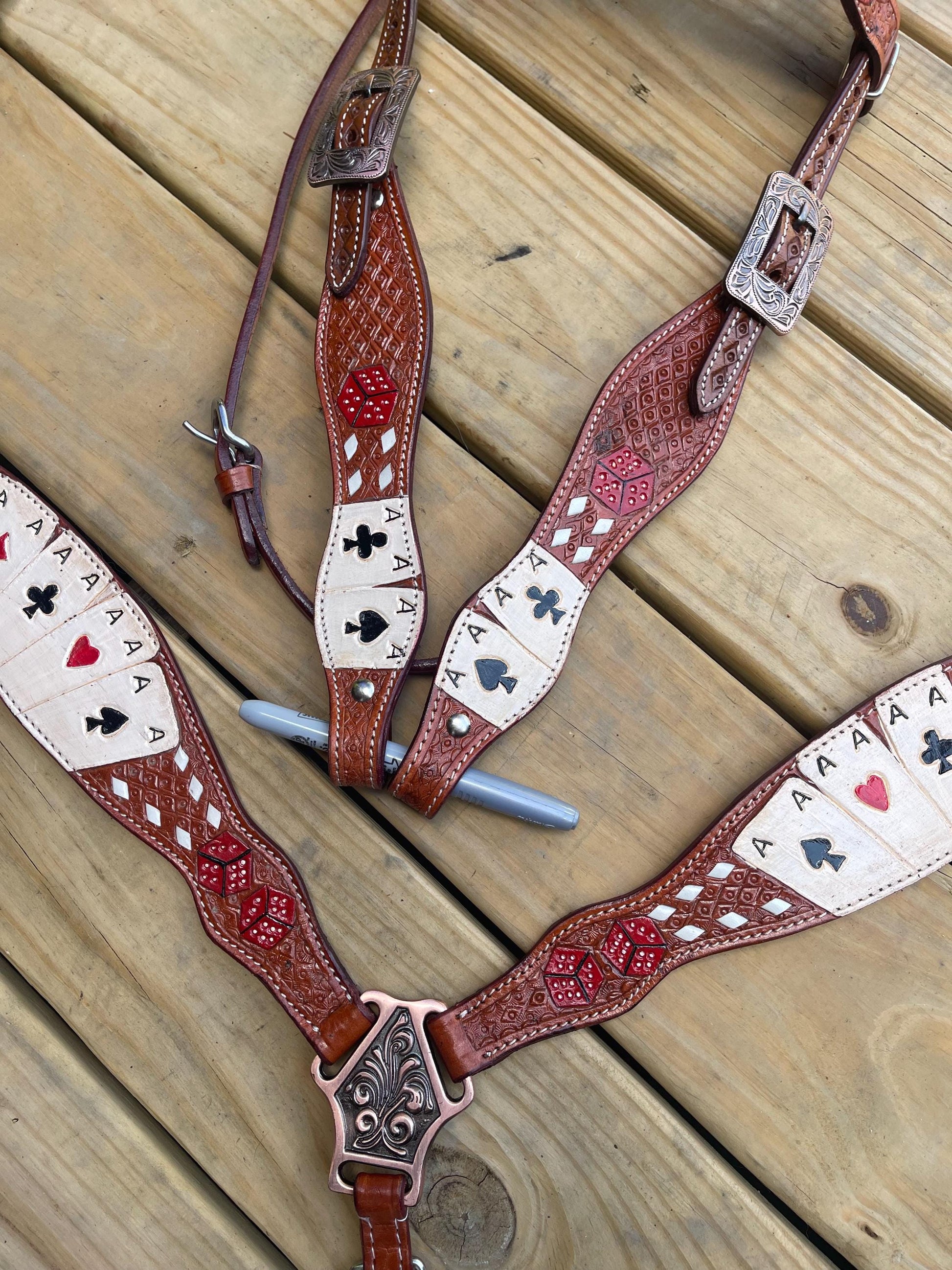 Playing Card Western Horse Tack Set  Leather Bridle & Breast Collar for Barrel Racing and Rodeo headstall breastcollar
