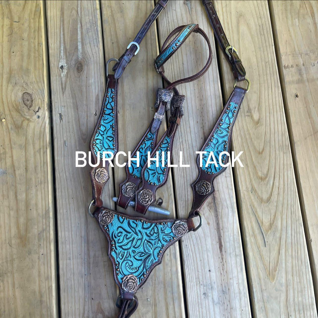 Blue Rose Concho Western Tack Set Headstall Breastplate | Ready to Ship (BHT017)
