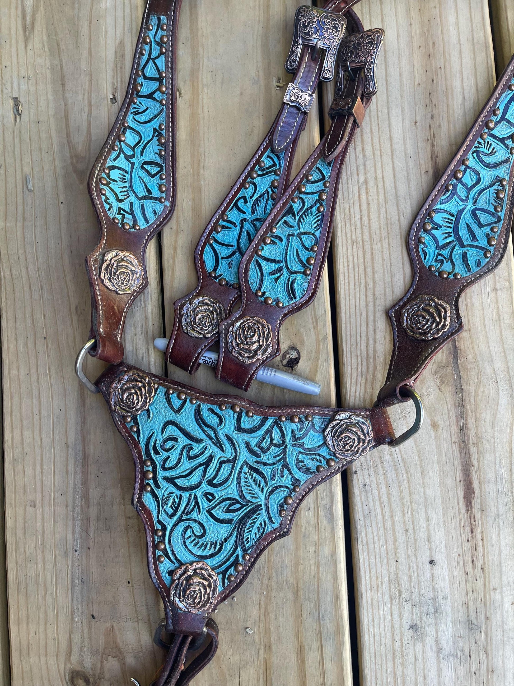 Blue Rose Concho Western Tack Set Headstall Breastplate | Ready to Ship (BHT017)