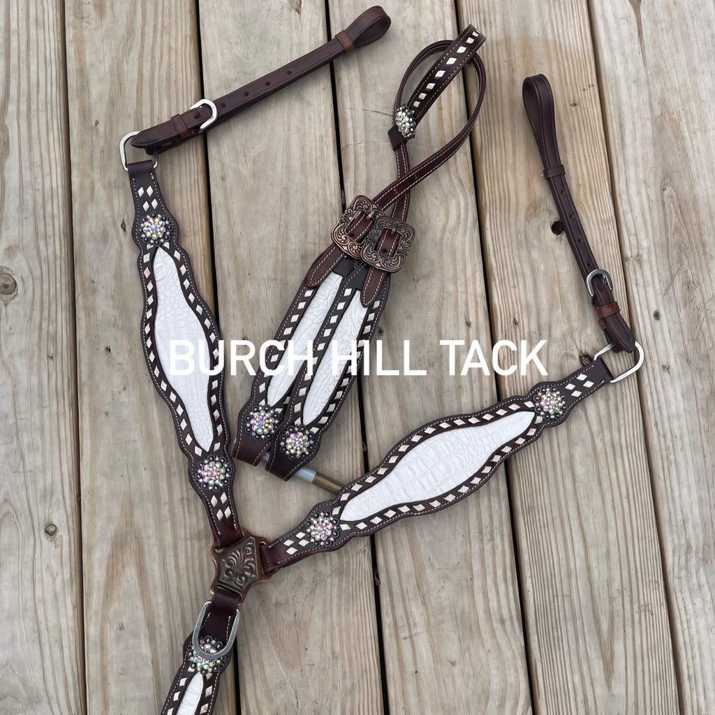 White one ear western tack set Headstall breast collar (BHT040)