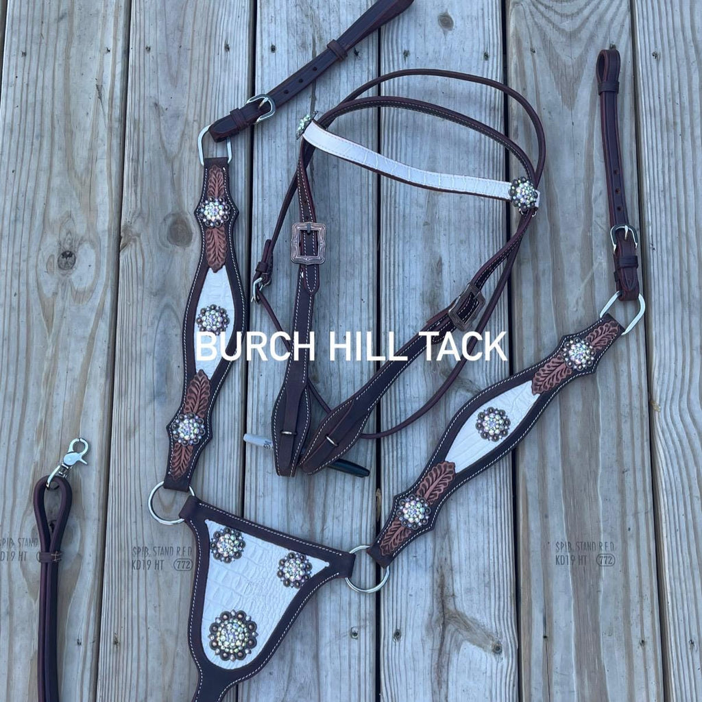 Leather Horse Tack Set, Browband Headstall, Breast Collar, Western Show, Bling (BHT011)