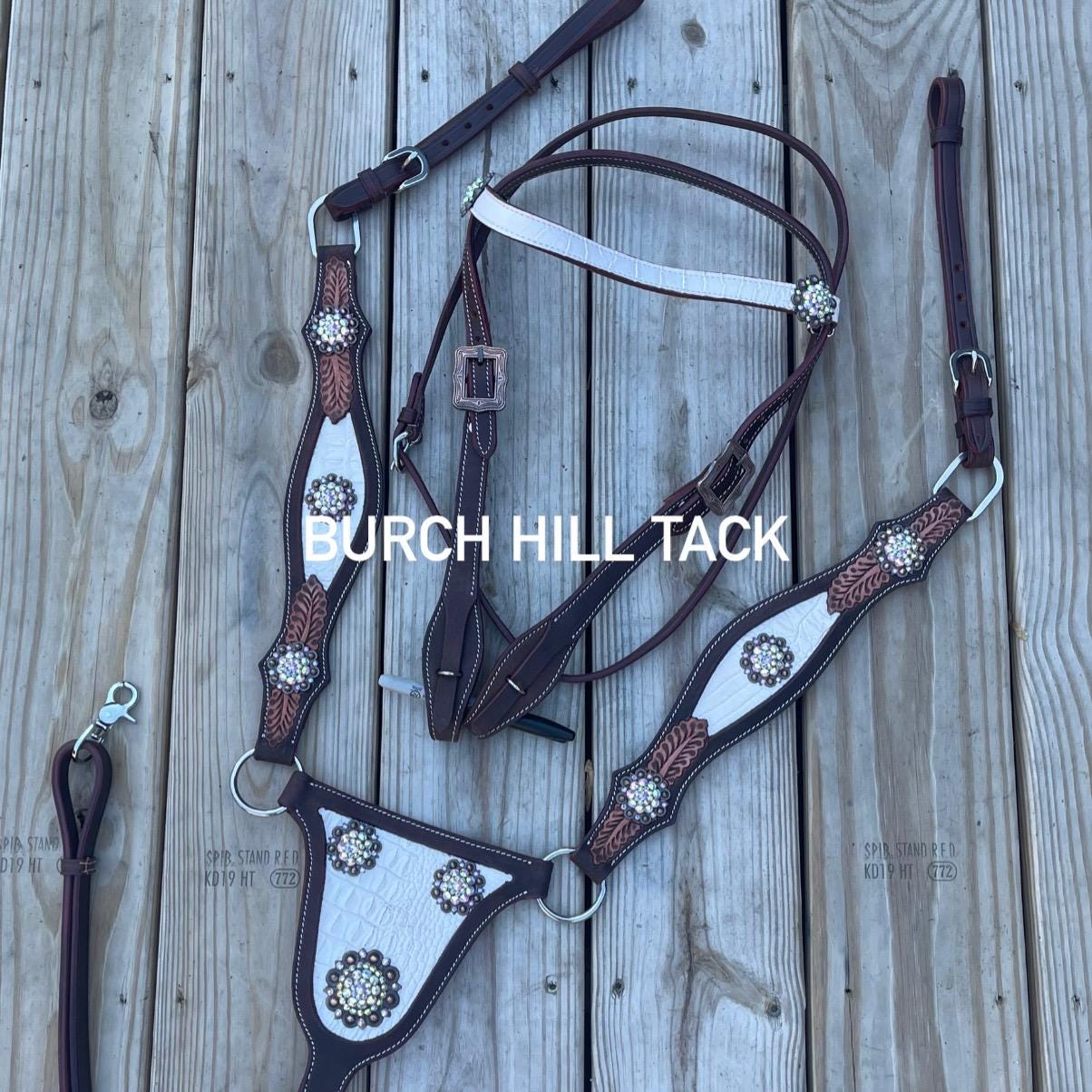 Leather Horse Tack Set, Browband Headstall, Breast Collar, Western Show, Bling (BHT011)