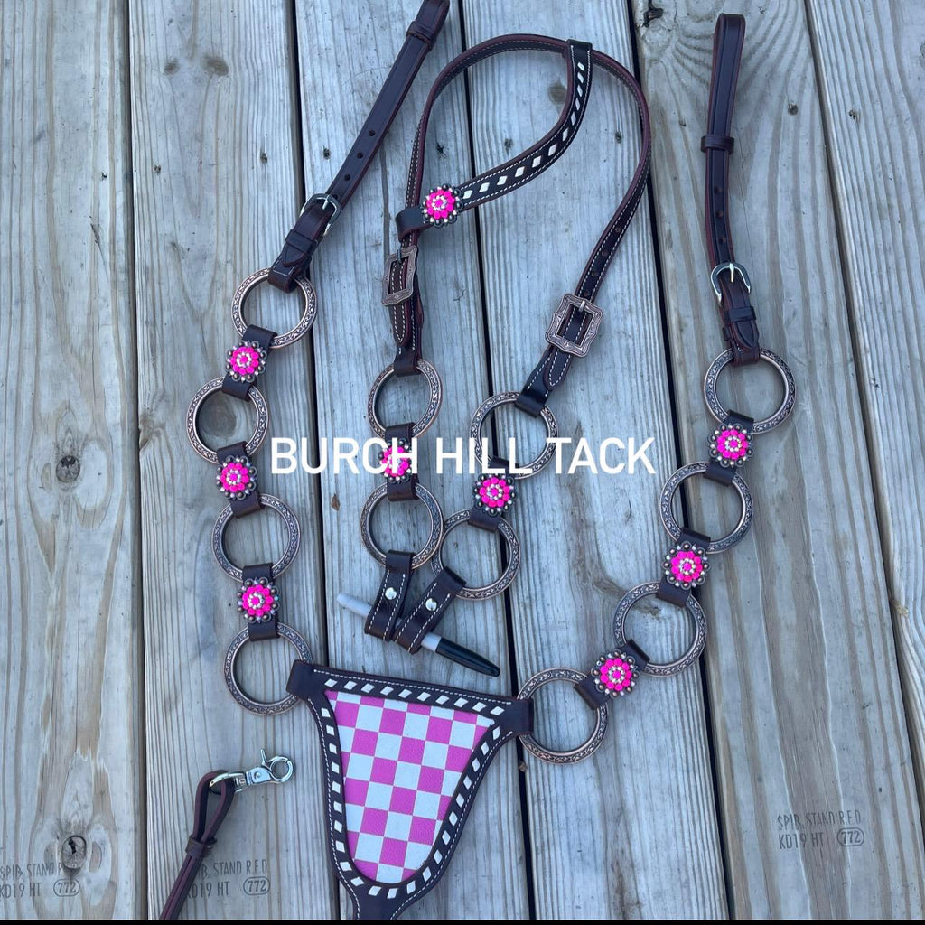 Ready to ship hot pink checkered ring style western tack set Headstall breast collar (BHT029)