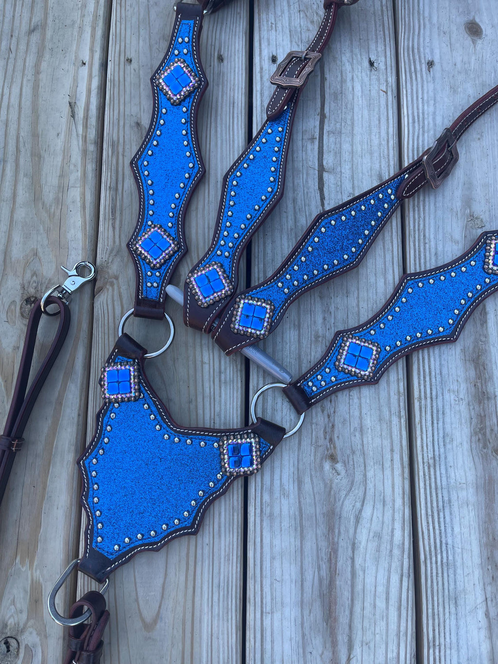 Ready to ship blue glitter gladiator one ear western tack set Headstall breast collar