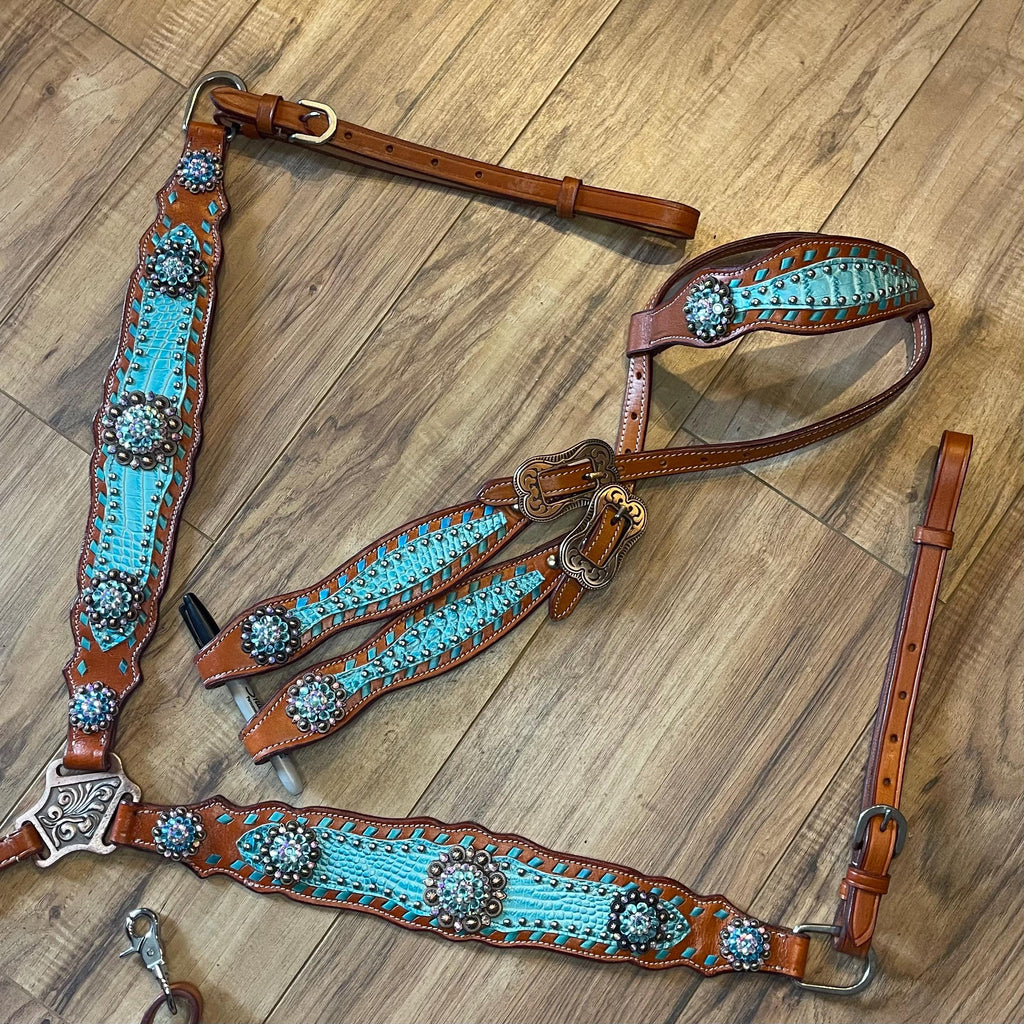 Made to Order Brown leather turquoise Western Tack Set one ear style headstall