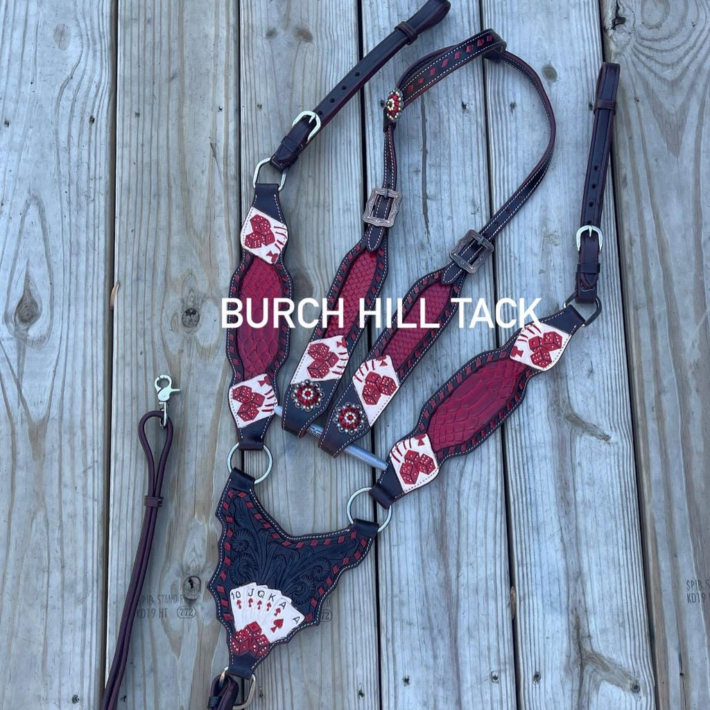 Dark Brown Leather Western Tack Set: Red Playing Card Headstall, Breast Collar (BHT014)