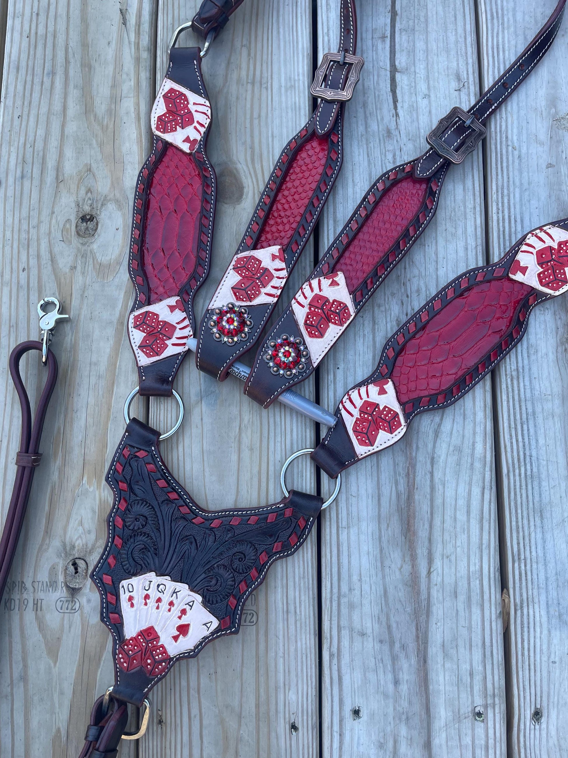 Dark Brown Leather Western Tack Set: Red Playing Card Headstall, Breast Collar (BHT014)