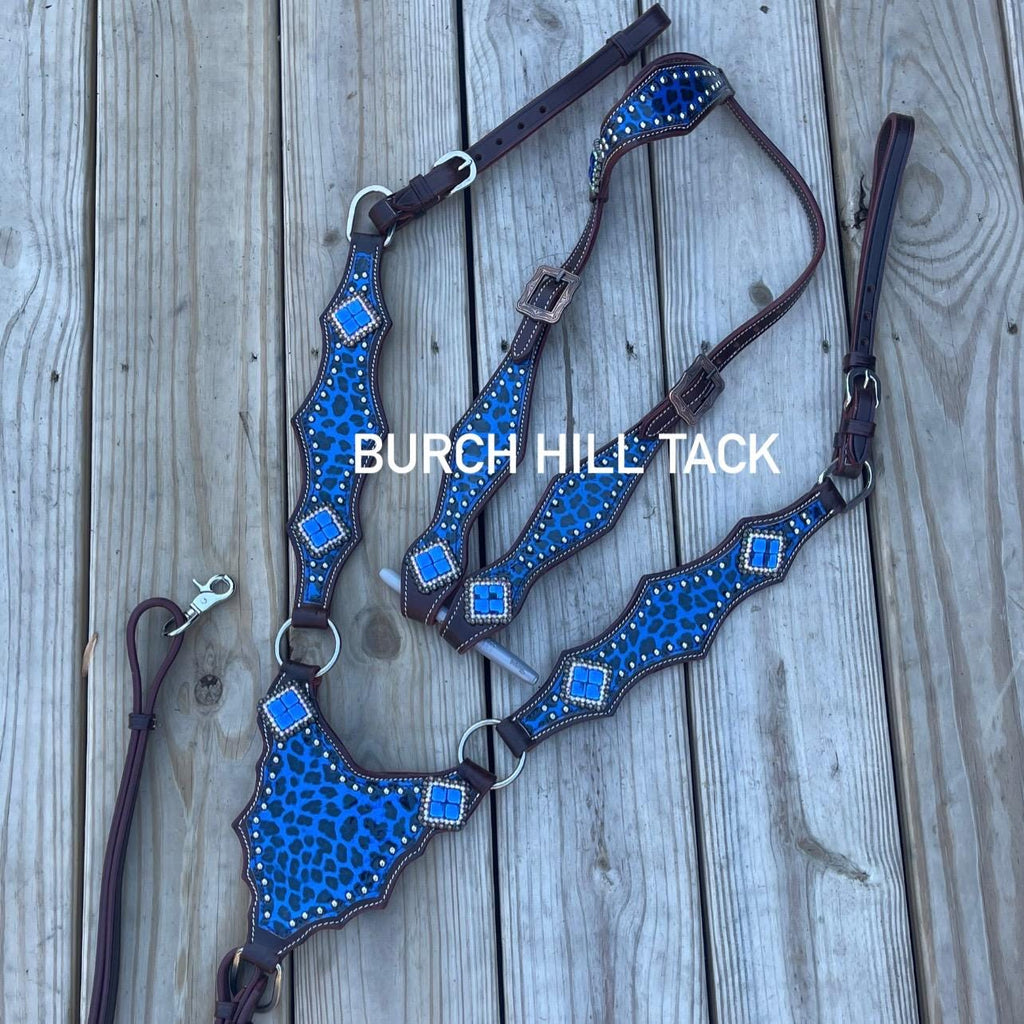 Made to order blue cheetah gladiator one ear western tack set Headstall breast collar