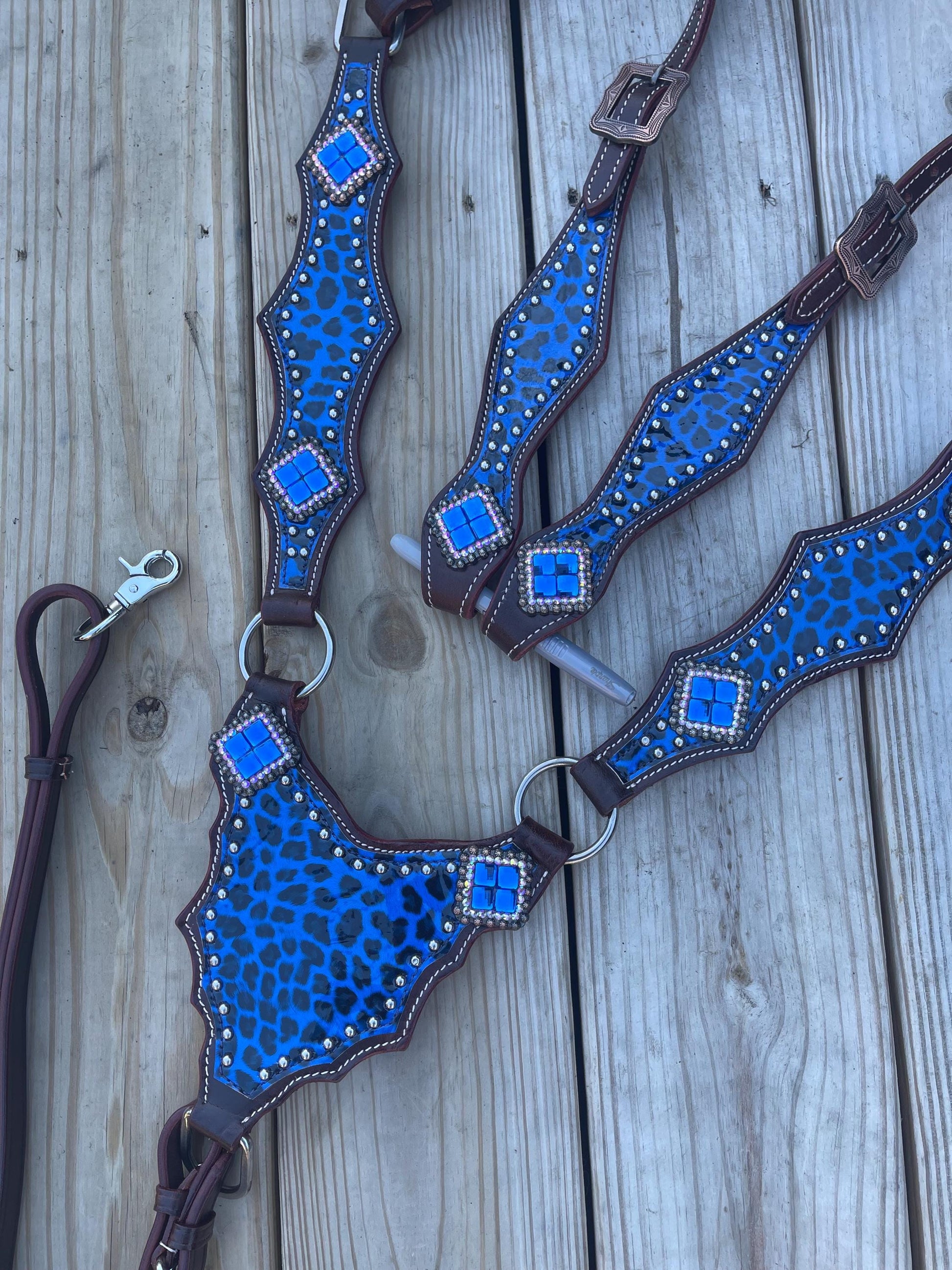 Made to order blue cheetah gladiator one ear western tack set Headstall breast collar