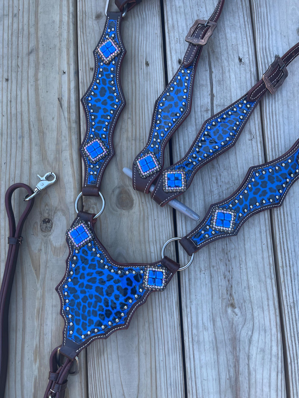 Dark Brown Leather Tack Set  Blue Cheetah Print, Rhinestone Conchos (Horse Size) (BHT087)