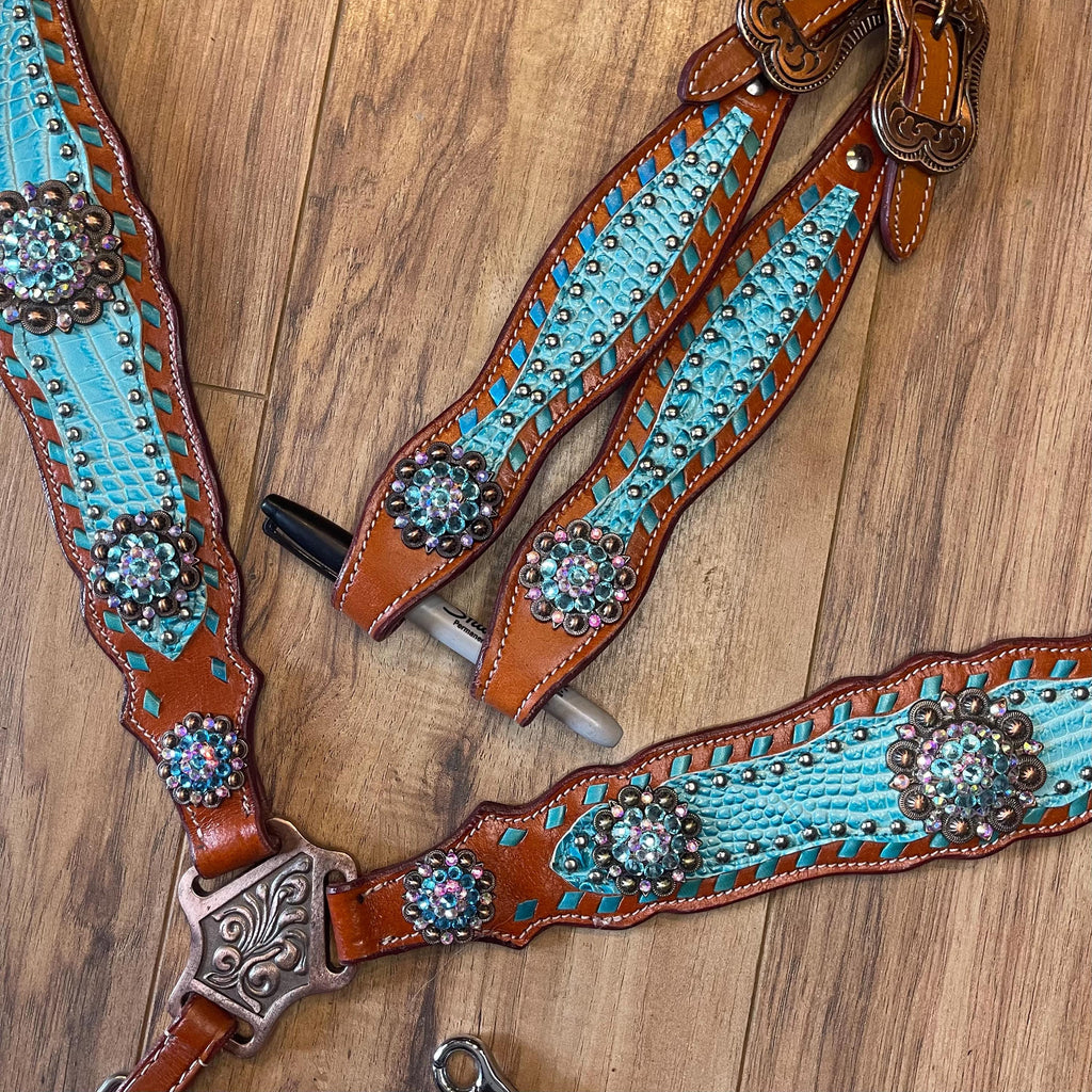 Made to Order Brown leather turquoise Western Tack Set one ear style headstall
