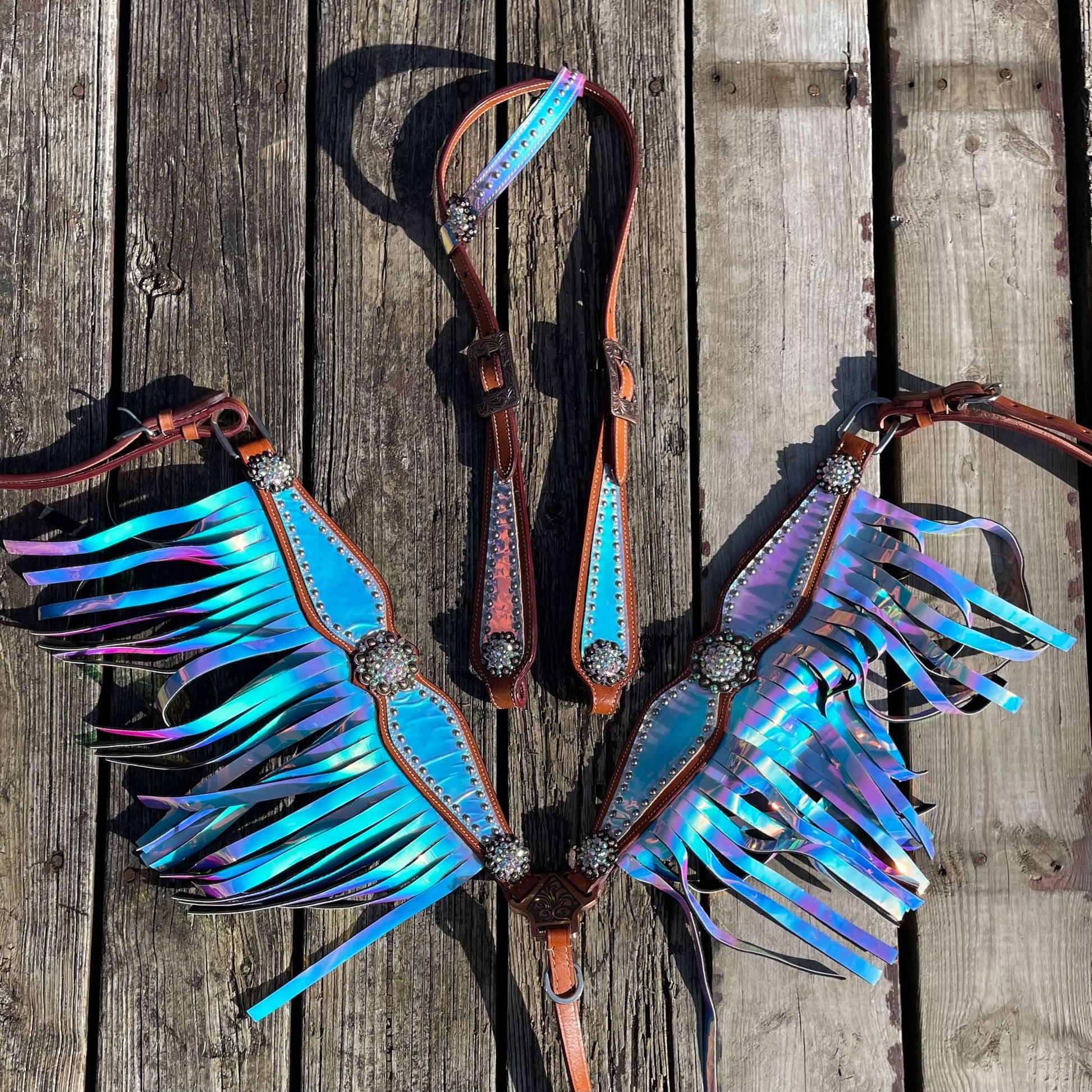 Made to order iridescent one ear light brown western tack set Headstall breast collar