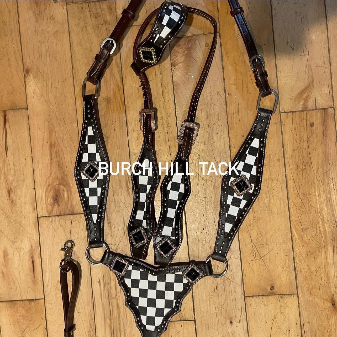 Made to order black checkered gladiator one ear western tack set Headstall breast collar