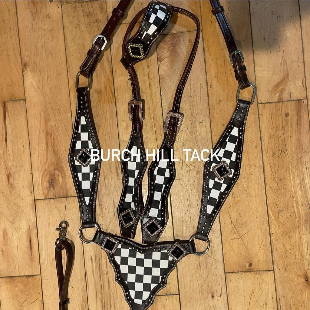 Black checkered gladiator one ear western tack set Headstall breast collar