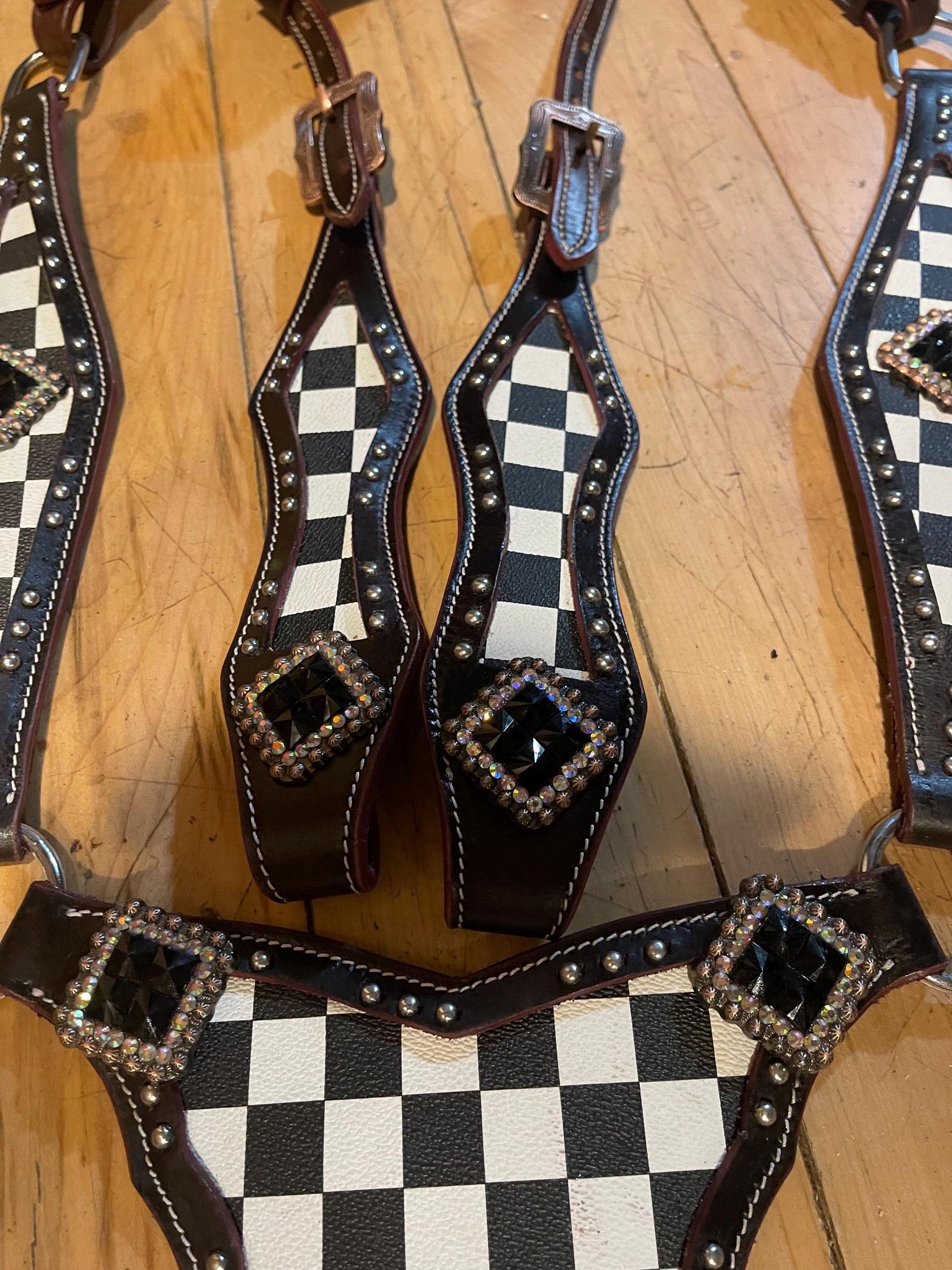 Made to order black checkered gladiator one ear western tack set Headstall breast collar