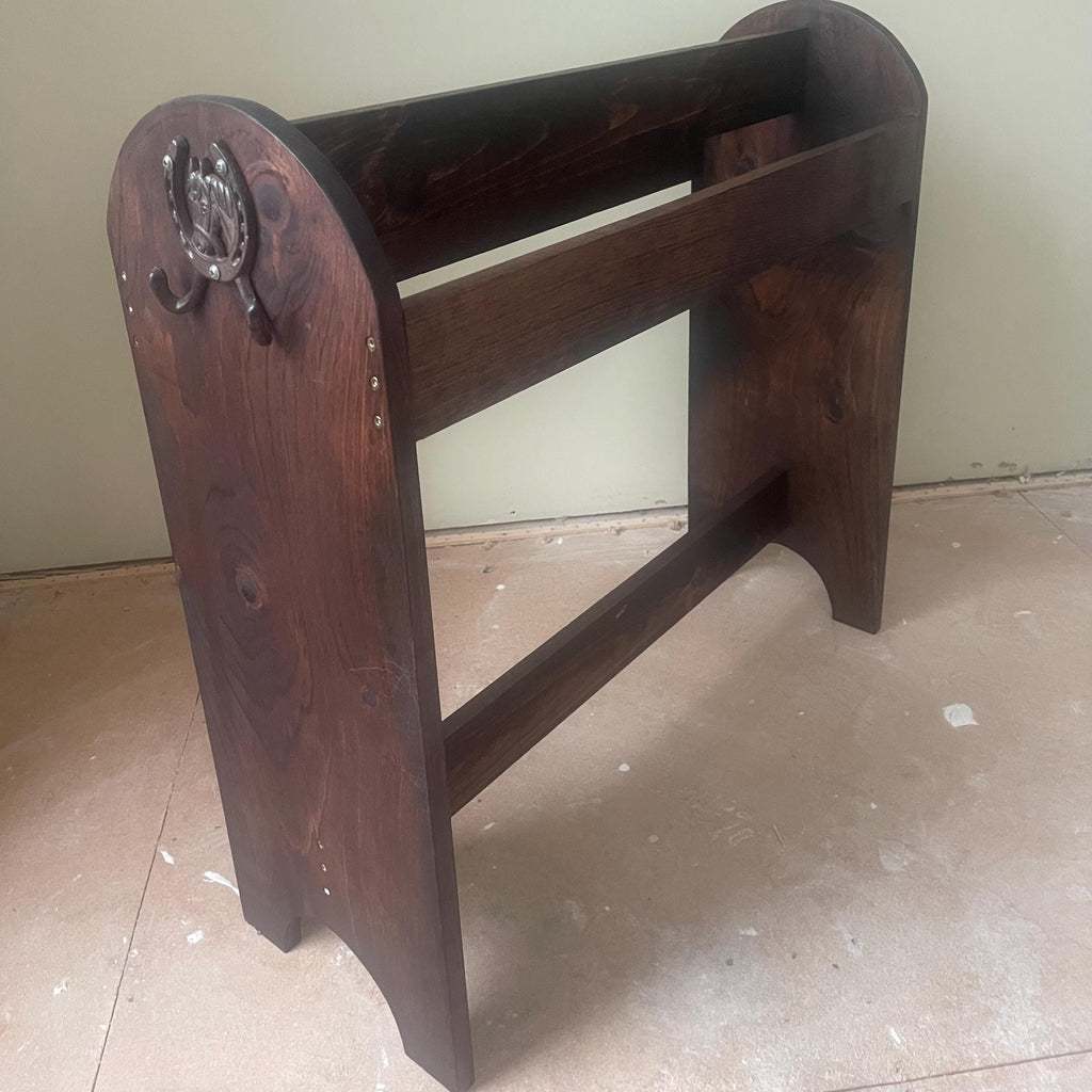 Solid Wood Saddle Stand with Bridle Racks | Mahogany Finish Tack Storage