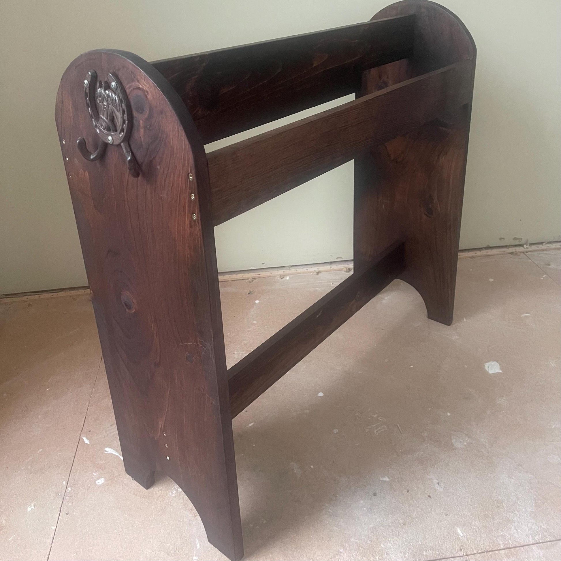 Solid Wood Saddle Stand with Bridle Racks | Mahogany Finish Tack Storage