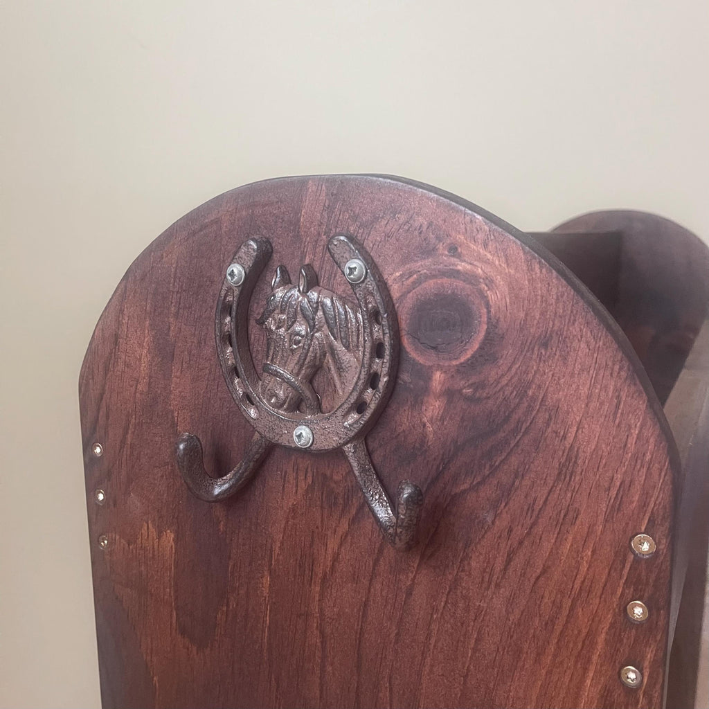 Solid Wood Saddle Stand with Bridle Racks | Mahogany Finish Tack Storage