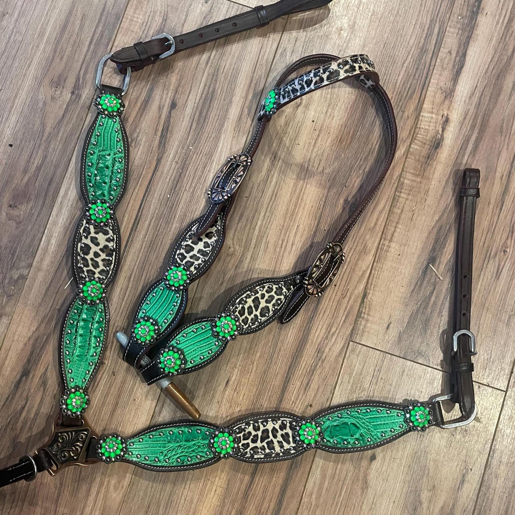 Western Horse Tack Set | Made to Order | Lime Green& Cheetah Print
