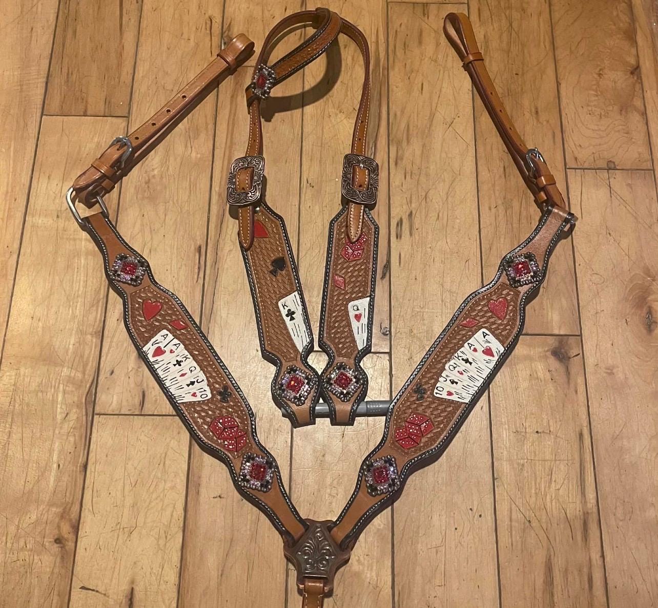 Ready to ship Playing Card Western Horse Tack Set  Leather Bridle & Breast Collar for Barrel Racing and Rodeo (BHT099)