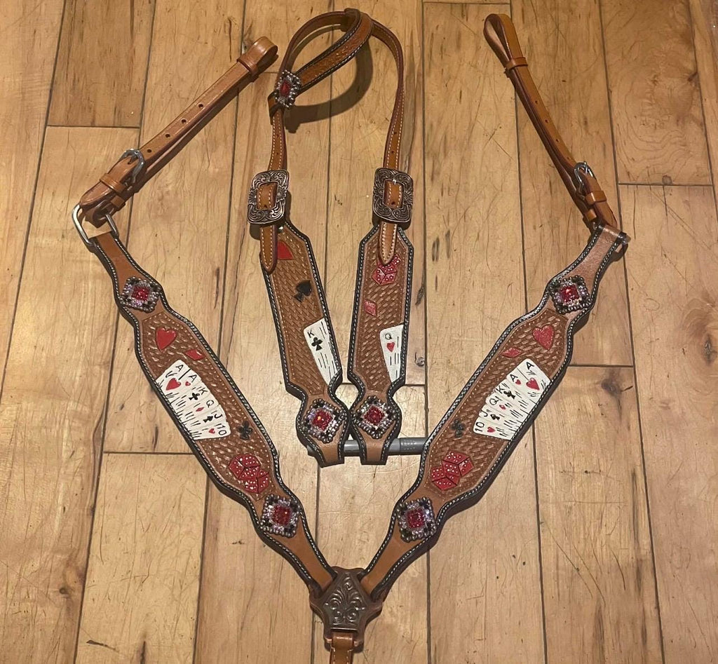 Ready to ship Playing Card Western Horse Tack Set  Leather Bridle & Breast Collar for Barrel Racing and Rodeo (BHT099)