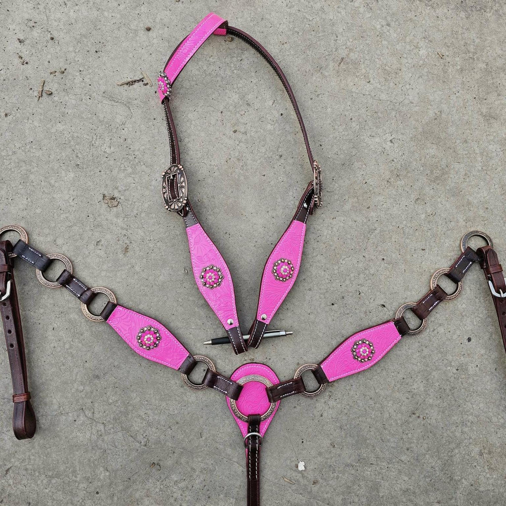 Hot Pink western barrel racing tack set on dark brown leather (BHT085)