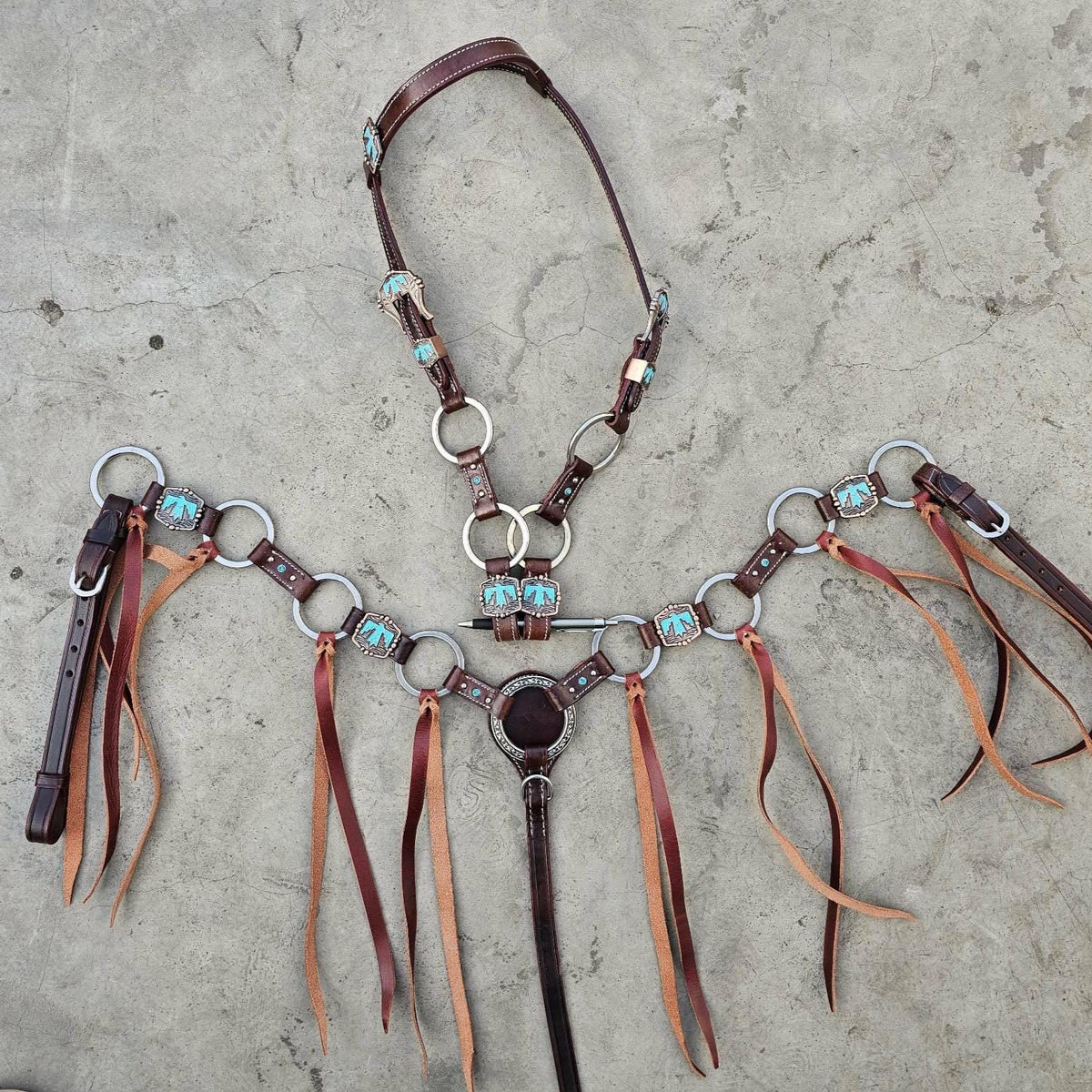 Dark Brown Leather Ring Style Tack Set with  Thunderbird Conchos