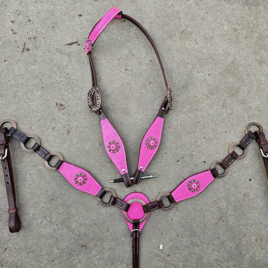 Hot Pink western barrel racing tack set on dark brown leather (BHT085)