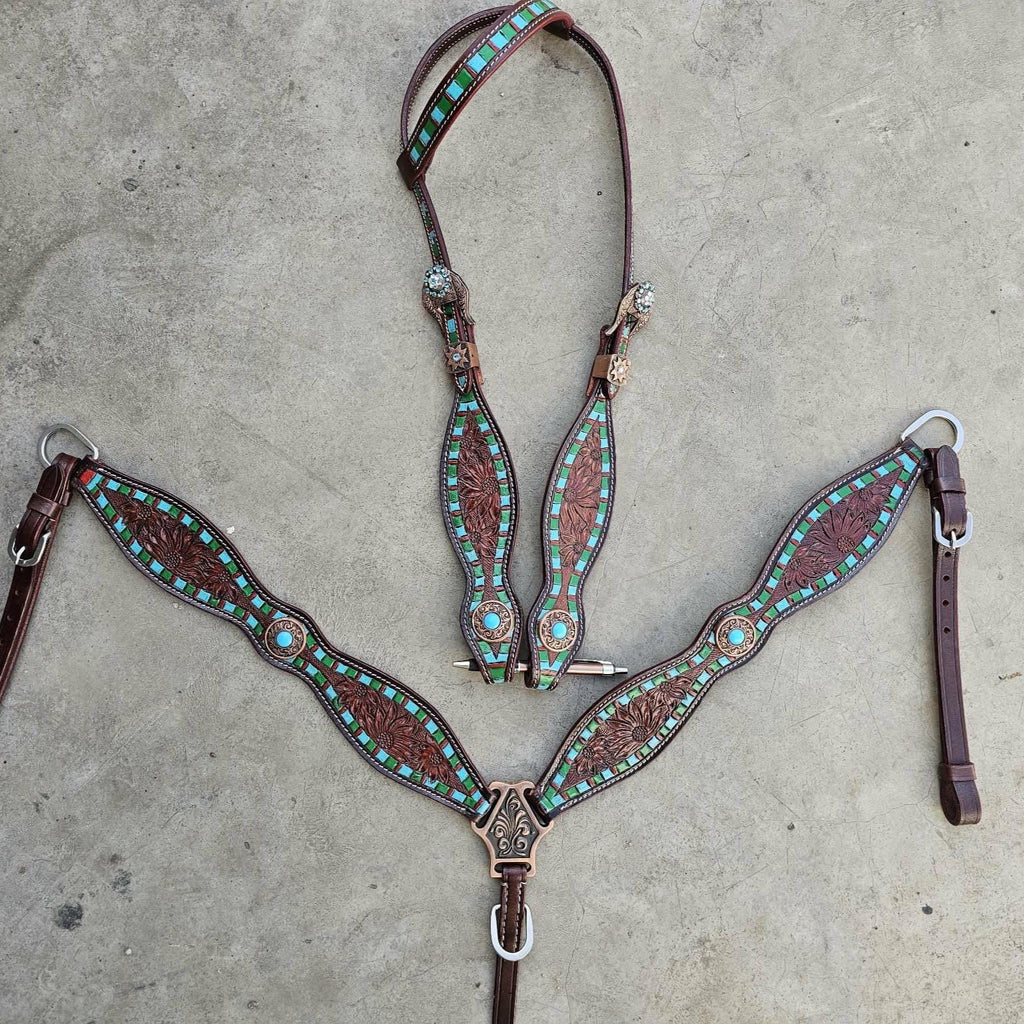 Western Horse Tack Set | Made to Order | leather tooled turquoise and green