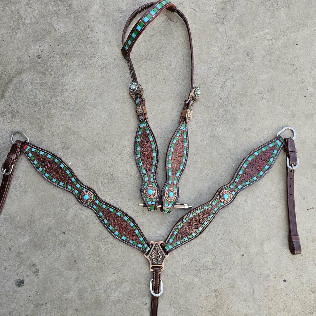 Western Horse Tack Set | Made to Order | leather tooled turquoise and green