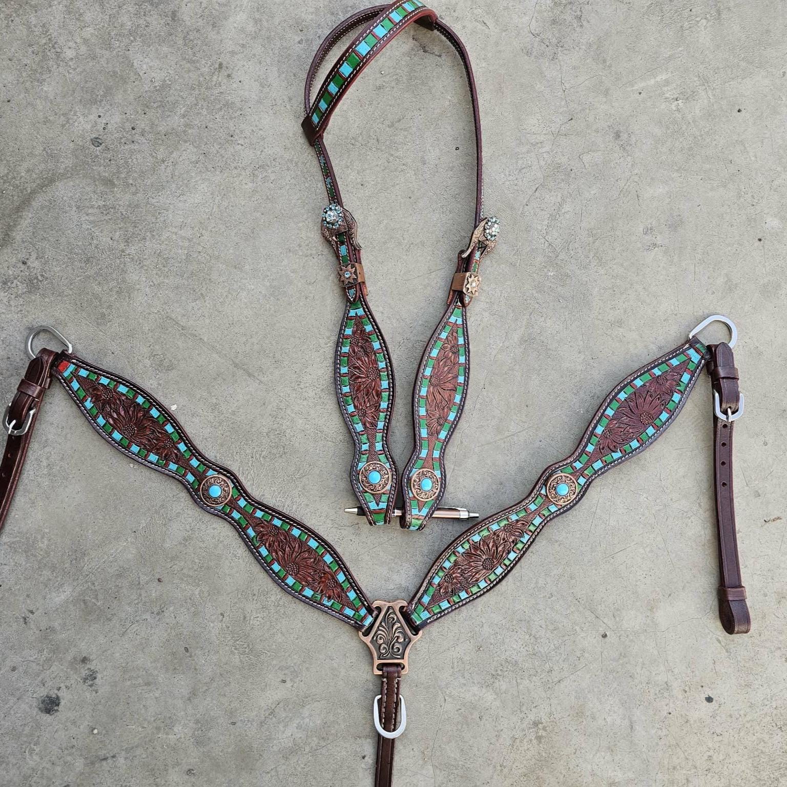 Western Horse Tack Set | Made to Order | leather tooled turquoise and green