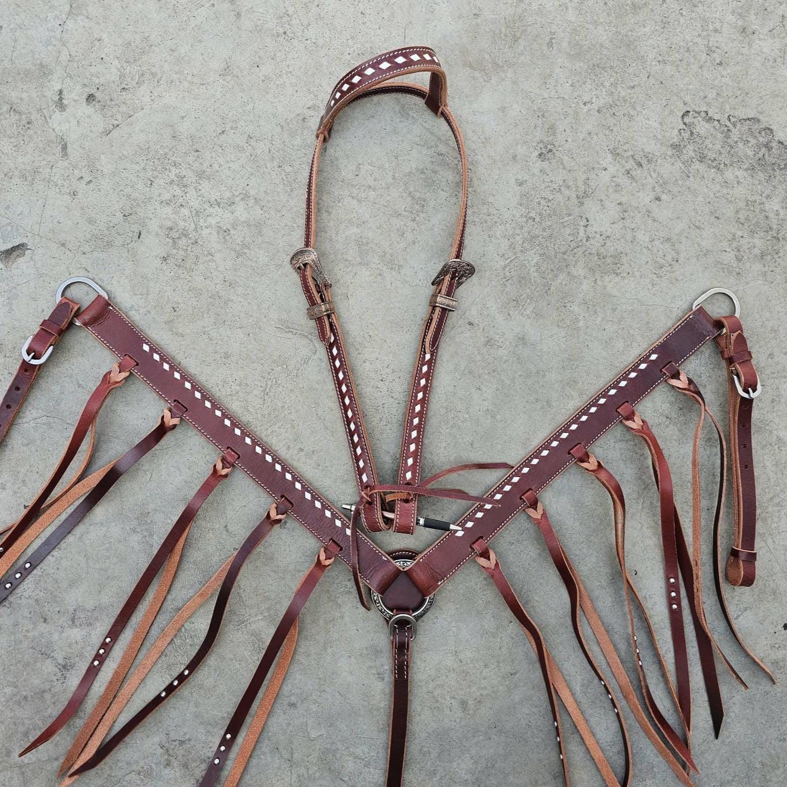 Western Leather Tack Set with Fringe | Ring Style Headstall & Breast Collar (BHT100)