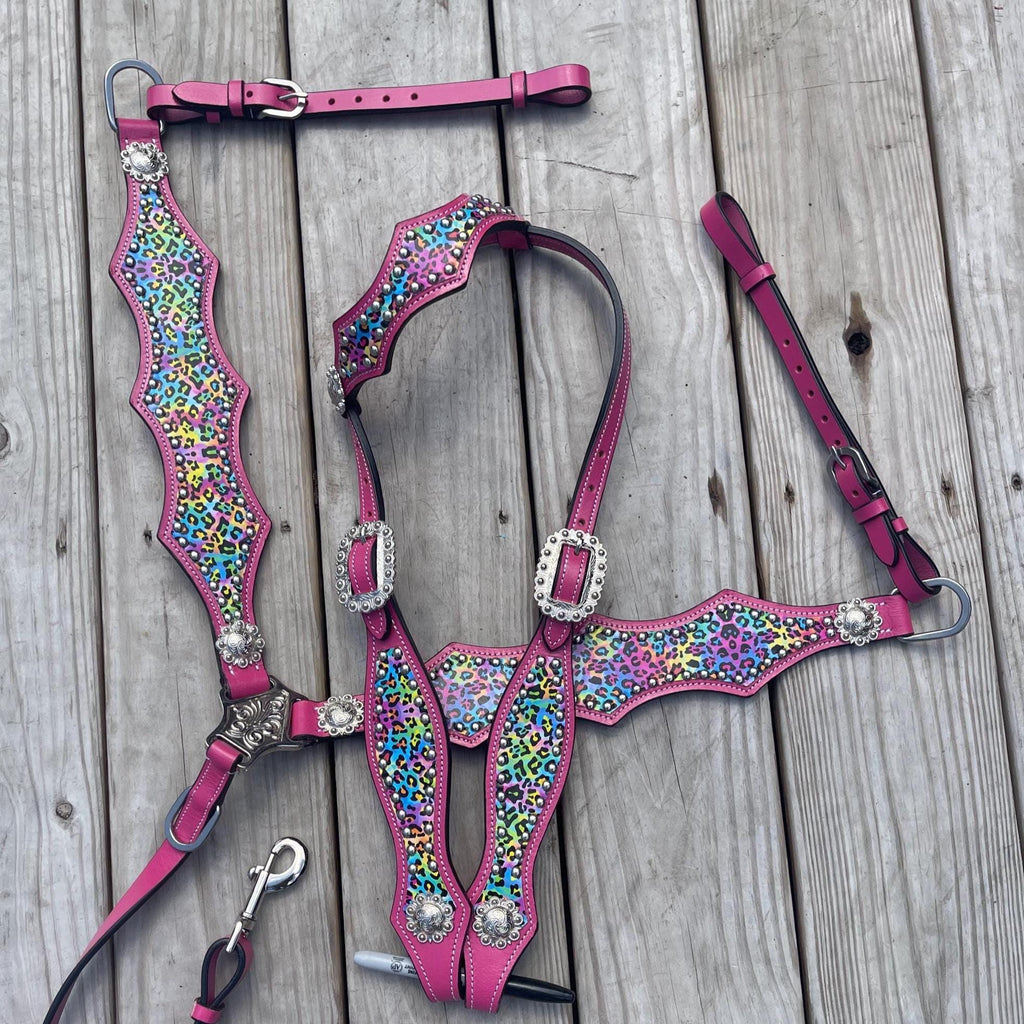 Western Horse Tack Set | Ready to ship| Hot pink& Rainbow Cheetah leather