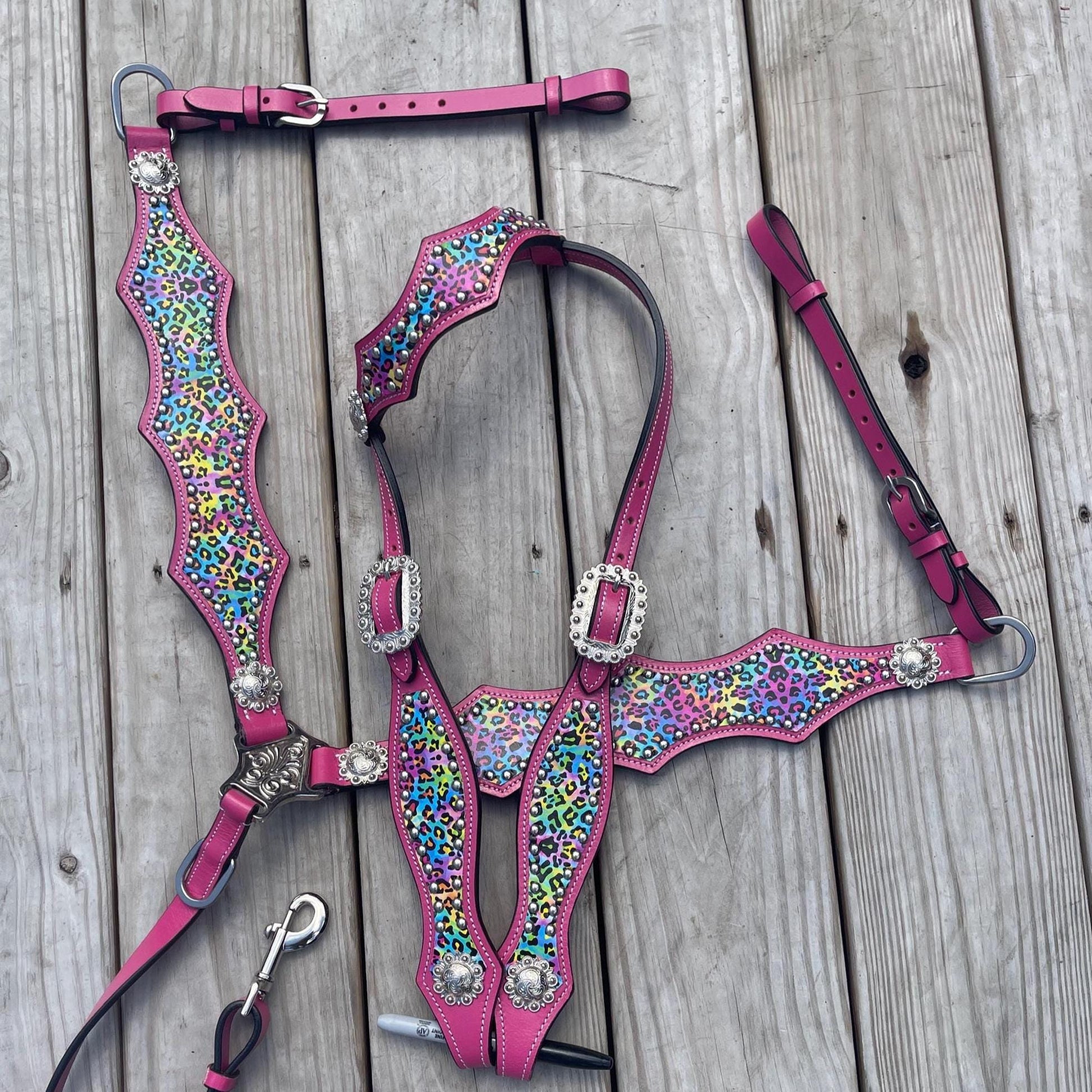 Western Horse Tack Set | Ready to ship| Hot pink& Rainbow Cheetah leather